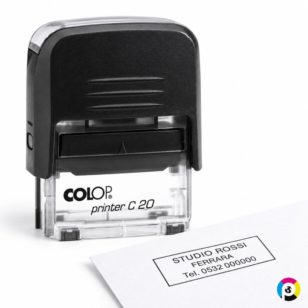 Timbro personalizzato Colop Printer C20 38x14 mm con corpo nero e esempio di impronta – Printsmartly