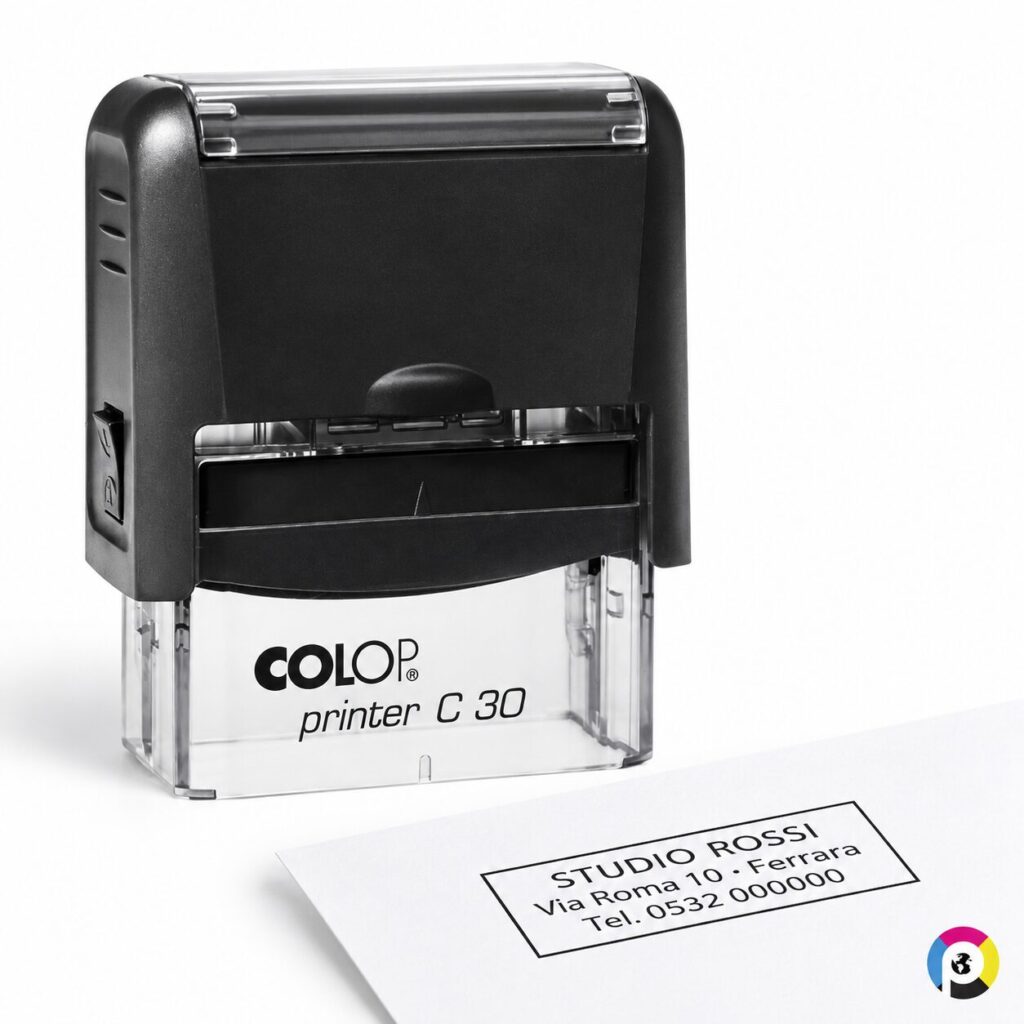Timbro personalizzato Colop Printer C30 47x18 mm con corpo nero e esempio di impronta – Printsmartly