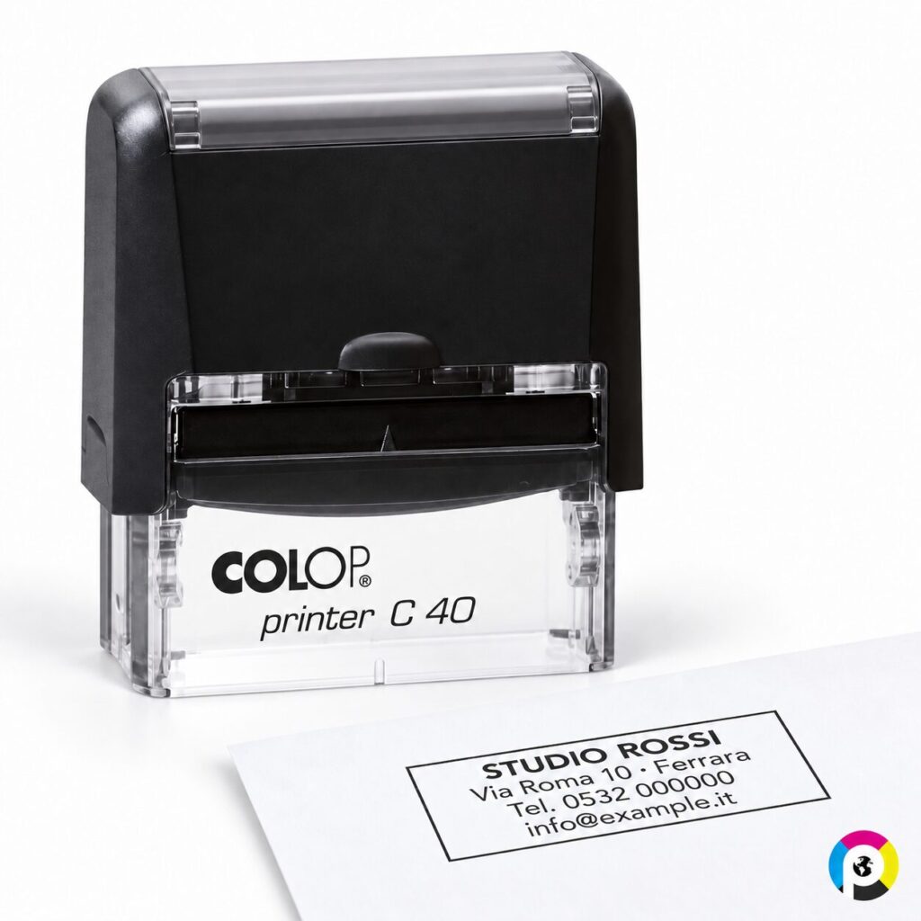 Timbro personalizzato Colop Printer C40 59x23 mm con corpo nero e esempio di impronta – Printsmartly